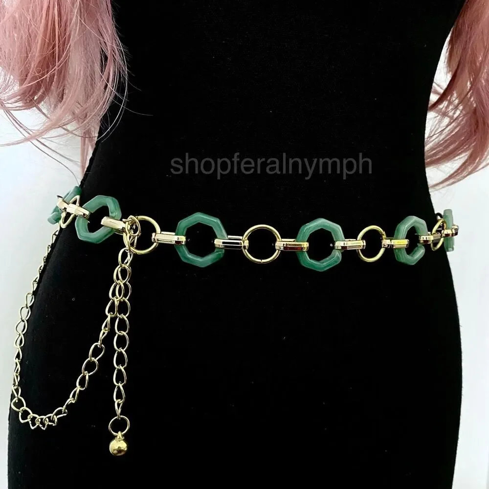 Gold Y2K Green Marbled Hexagon Open Ring Chain Belt, Fits 21-43 Inches, X7GA1356